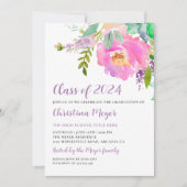水彩桃色フローラ卒業パーティー写真 招待状 (正面)