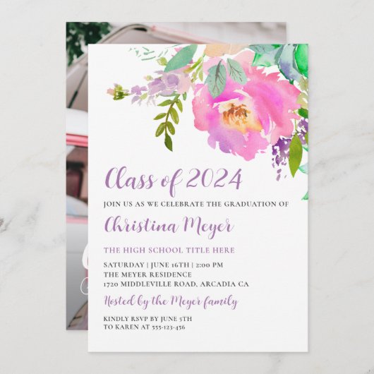 水彩桃色フローラ卒業パーティー写真 招待状 (正面/裏面)