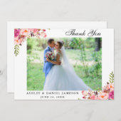水彩桃色フローラ結婚の写真 サンキューカード (正面/裏面)