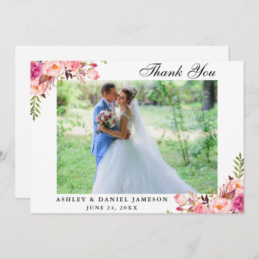 水彩桃色フローラ結婚の写真 サンキューカード (正面/裏面)