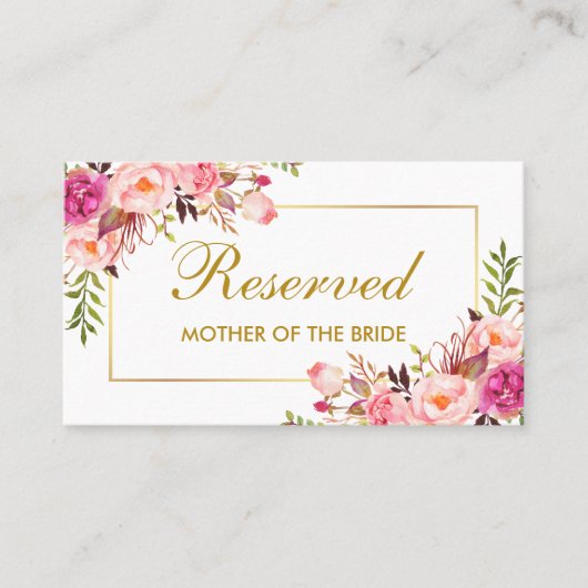 水彩桃色フローラ金ゴールド結婚の予約名 プレイスカード (正面)