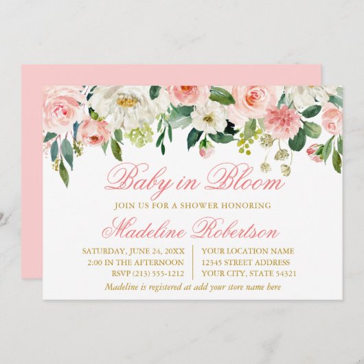 水彩桃色ホワイトフローラベビーイン開花シャワー 招待状 (正面/裏面)