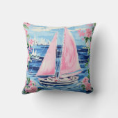 水彩桃色名門私立校風の帆船コースタルブルー クッション (裏面)