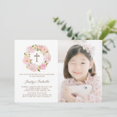 水彩桃色牡丹リース写真第一聖餐会 招待状 (スタンド正面)