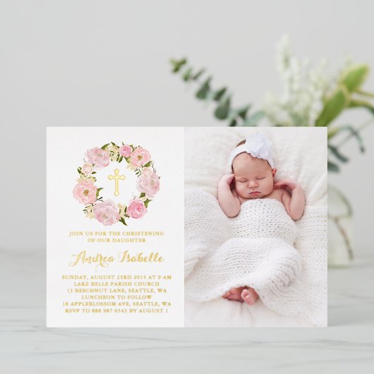 水彩桃色牡丹リース写真《キリスト教》洗礼式や命名式 箔招待状 (立ち正面)