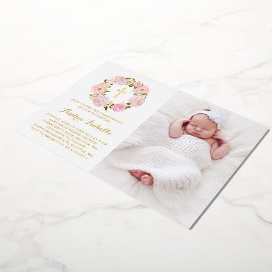 水彩桃色牡丹リース写真《キリスト教》洗礼式や命名式 箔招待状 (回転した状態)