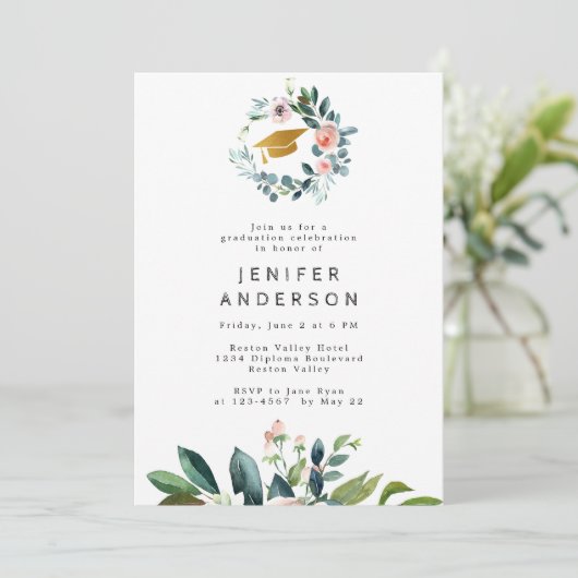 水彩桃色牡丹リース卒業パーティー 招待状 (スタンド正面)