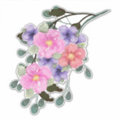 水彩桃色絵を描と紫色の花 シール (正面)