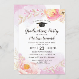 水彩桃色金ゴールドバラ庭園卒業パーティー 招待状
