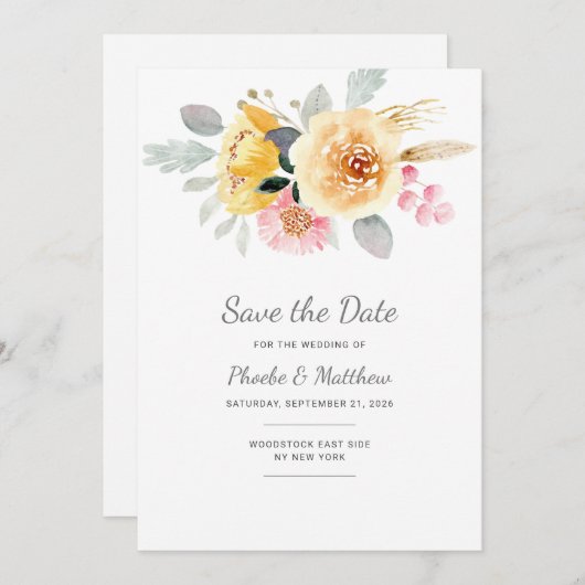 水彩桃色金ゴールドフローラモダン植物学 セーブザデート (正面/裏面)