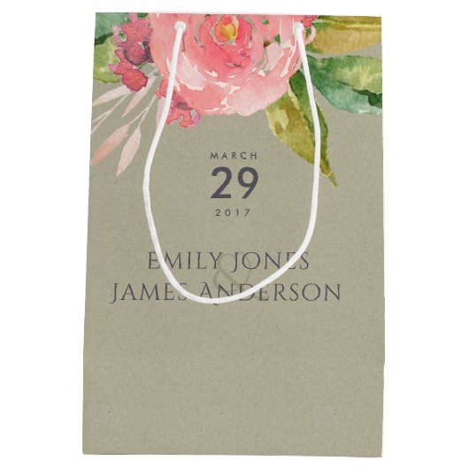 水彩桃花緑結婚葉 ミディアムペーパーバッグ (裏面)