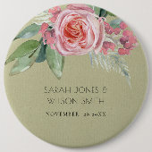 水彩桃花緑結婚葉 缶バッジ (正面)