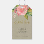 水彩桃花緑葉モノグラム ギフトタグ (正面)
