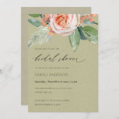 水彩桃花葉ブライダルシャワー 招待状 (正面/裏面)