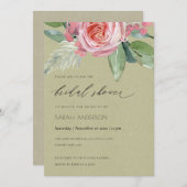 水彩桃花葉ブライダルシャワー 招待状 (正面/裏面)