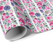 水彩桃青の花と白いストライプ花 ラッピングペーパー (ロールコーナー)