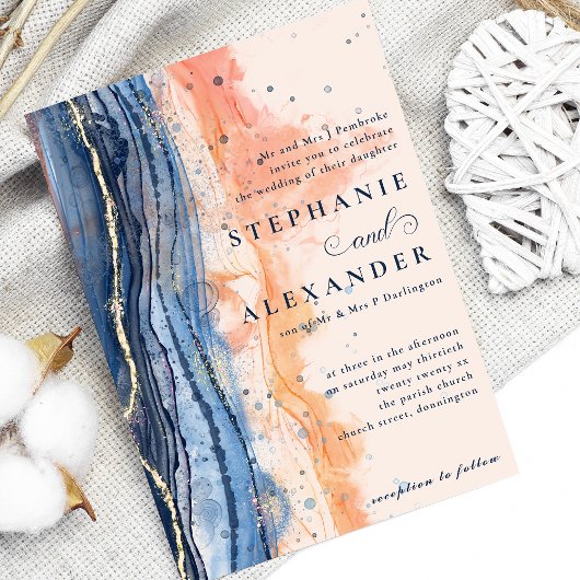 水彩桃青フォーマル結婚色 招待状