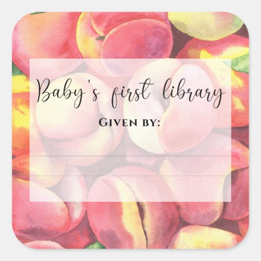 水彩桃 – ベビー初の図書館 スクエアシール (正面)