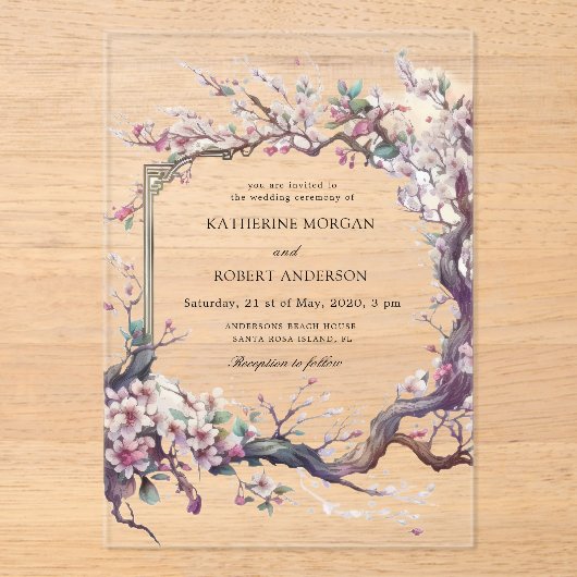 水彩桜さくらんぼフラワー結婚ズ アクリル招待状 (正面)