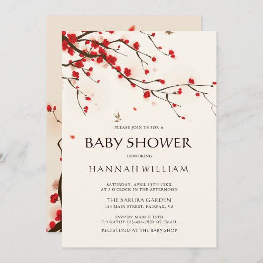水彩桜の花のベイビーシャワー 招待状 (正面/裏面)