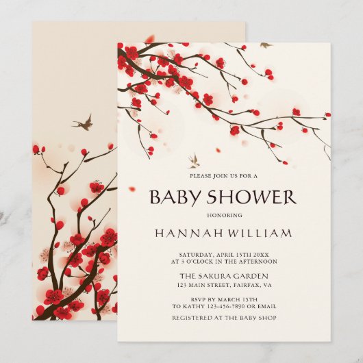 水彩桜の花のベビーシャワー 招待状 (正面/裏面)