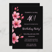 水彩桜の花 ピンク ブラック 誕生日 招待状 (正面/裏面)