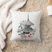 水彩桜花竹日本の寺 クッション (ブランケット)
