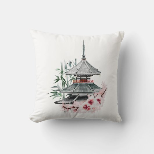 水彩桜花竹日本の寺 クッション (正面)