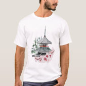 水彩桜花竹日本の寺 Tシャツ (正面)