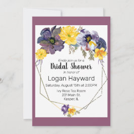 水彩梅灰色イエローフローラ金ゴールド枠 招待状