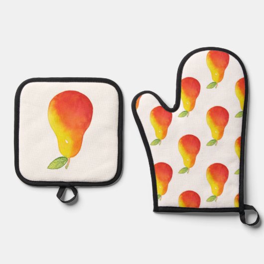 水彩梨&梨パターン 鍋つかみ&鍋敷きセット (正面)