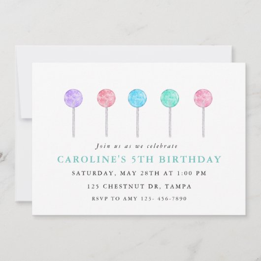 水彩棒つきキャンデー誕生日パーティーの招待 招待状 (正面)