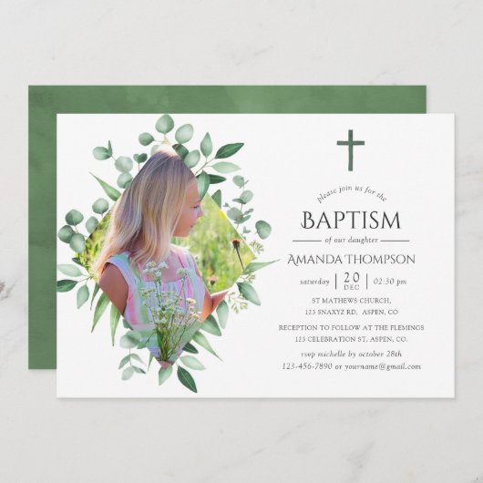 水彩森林の緑の洗礼または命名式 招待状 (正面/裏面)