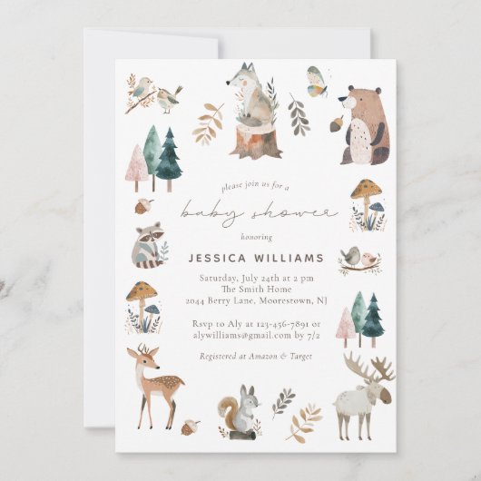 水彩森林動物の森の赤ちゃんシャワー 招待状 (正面)