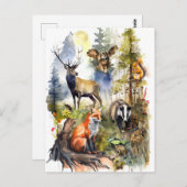 水彩森林動物の鹿、キツネ、アナグマ、および ポストカード (正面/裏面)