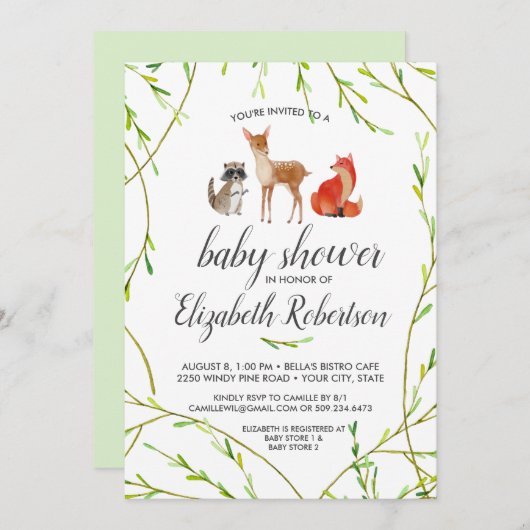 水彩森林動物ベビーシャワー招待状 招待状 (正面/裏面)