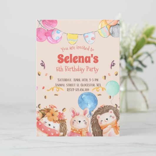 水彩森林動物子供の誕生日パーティー 招待状 (スタンド正面)