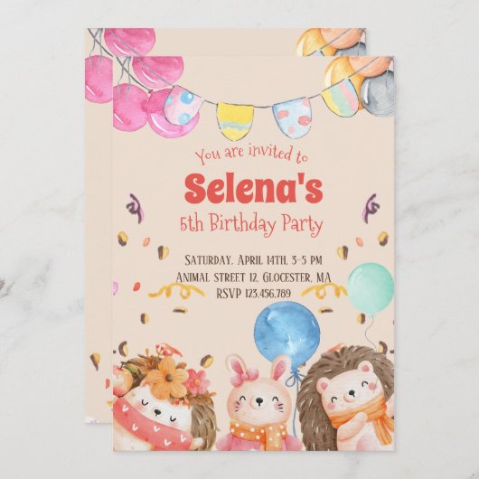 水彩森林動物子供の誕生日パーティー 招待状 (正面/裏面)