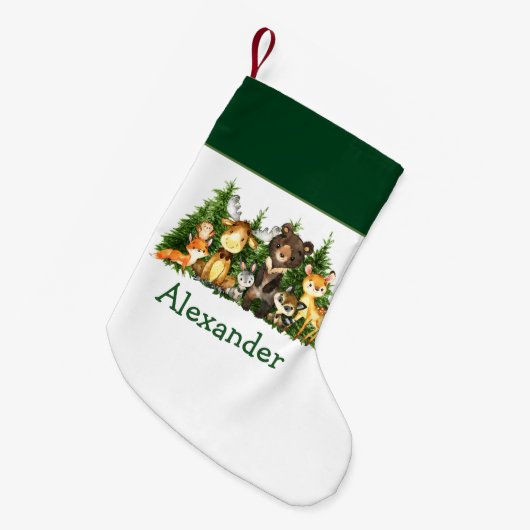 水彩森林動物林樹 スモールクリスマスストッキング (正面 (吊り時))