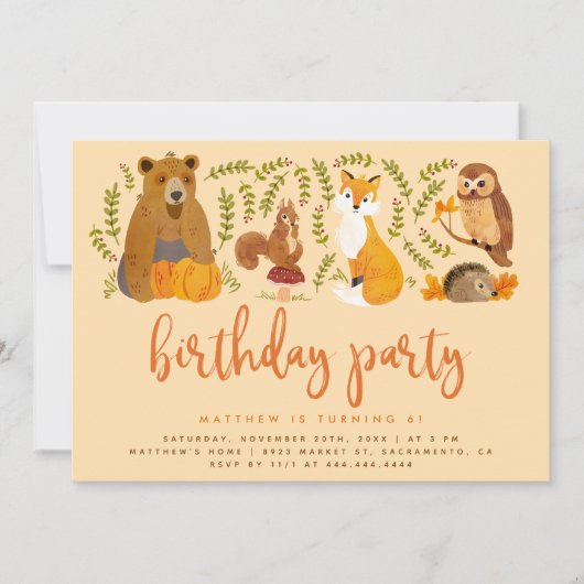 水彩森林動物秋誕生日 招待状 (正面)