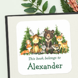 水彩森林動物蔵書票ラベル スクエアシール