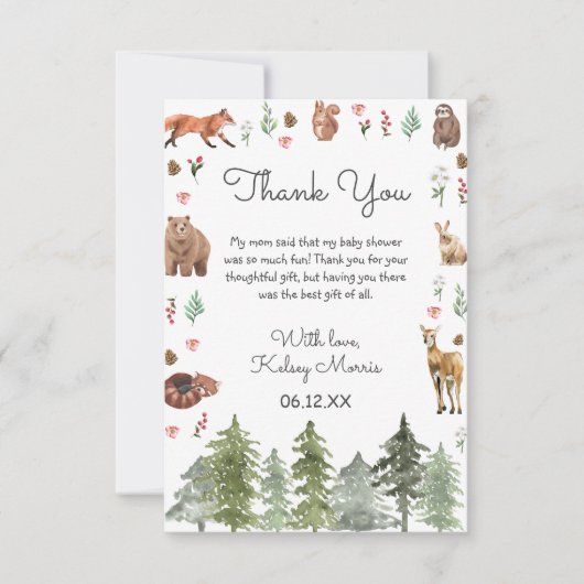 水彩森林動物赤ちゃんシャワー サンキューカード (正面)