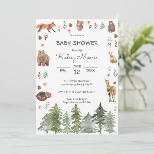 水彩森林動物赤ちゃんシャワー 招待状 (スタンド正面)