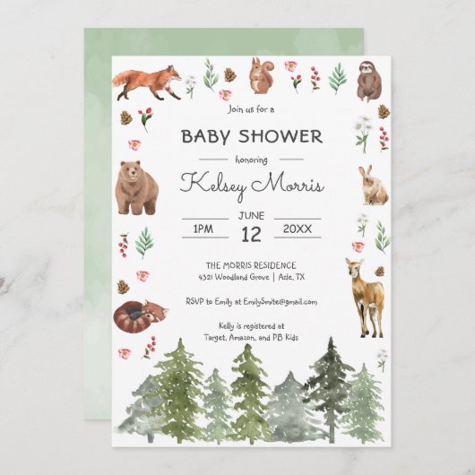 水彩森林動物赤ちゃんシャワー 招待状 (正面/裏面)