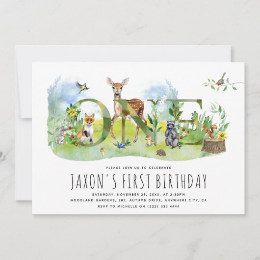 水彩森林動物1st誕生日 招待状 (正面)