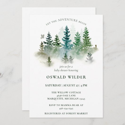 水彩森林森林森林動物ベビースシャワー 招待状 (正面/裏面)