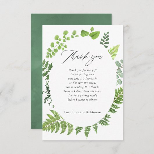 水彩森林緑の赤ちゃんシャワー サンキューカード (正面/裏面)