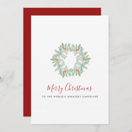 水彩植物の花輪と赤い実のケアギバー シーズンカード (正面/裏面)