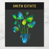 水彩植物アート緑と青抽象芸術 ワインラベル (シングルラベル)