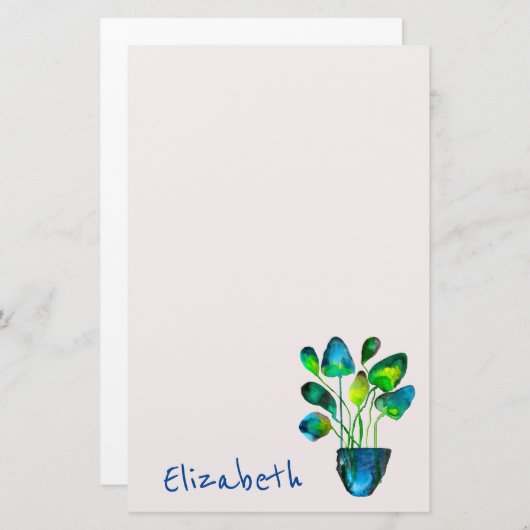 水彩植物アート緑と青抽象芸術 便箋 (正面/裏面)